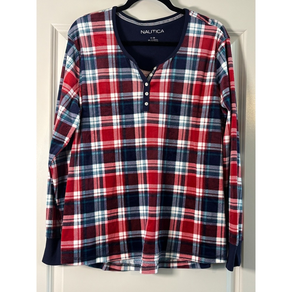 Nautica Pajama Top Womens XL Multicolor Plaid Henley Neck Side Slit Sleepwear
